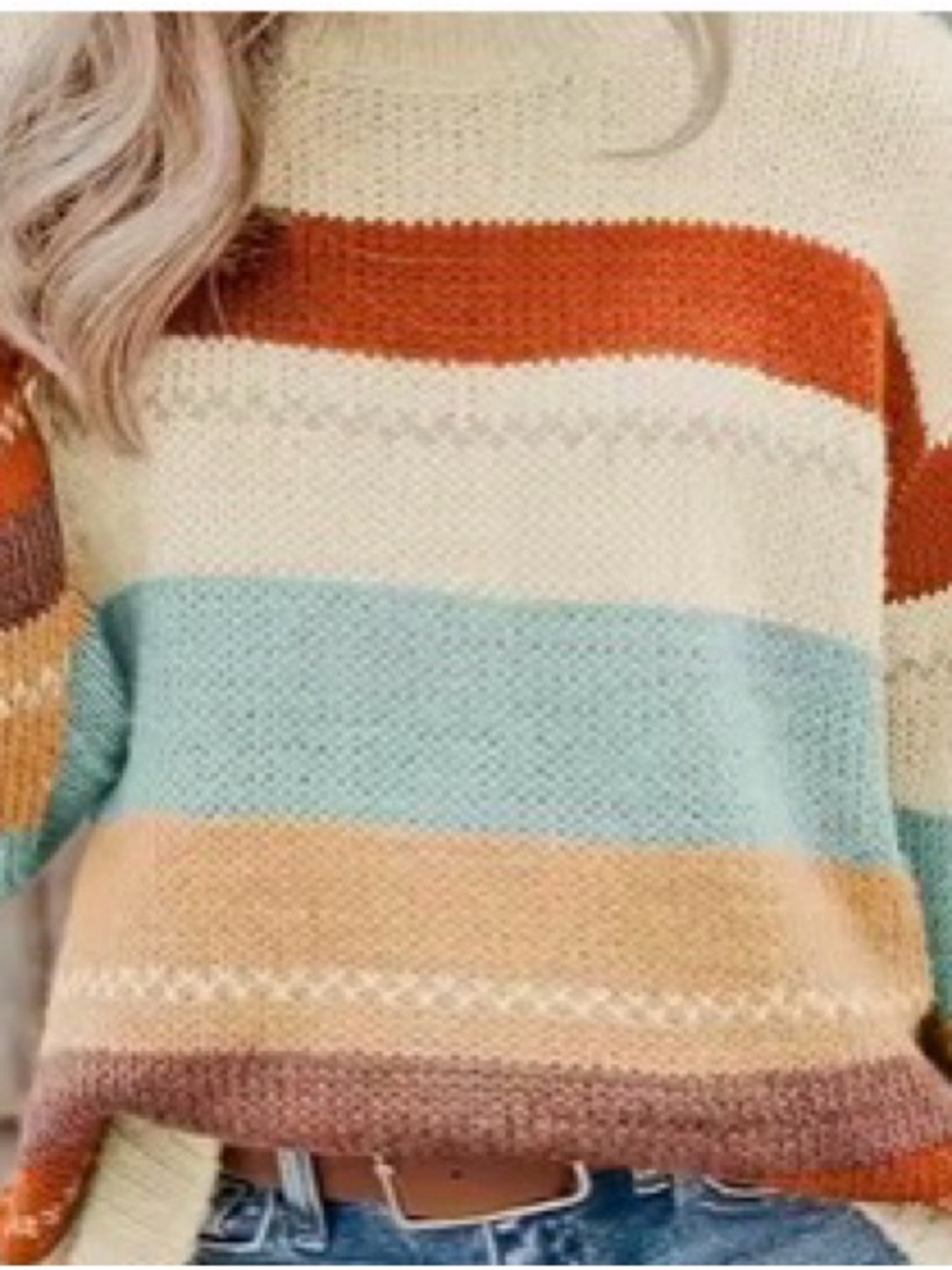 Striped Knit Pullover Sweater in Cream, Rust & Blue
